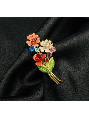 Vintage 1950s-1960s Made in Austria Signed Floral Brooch With Multicolor Rhinest